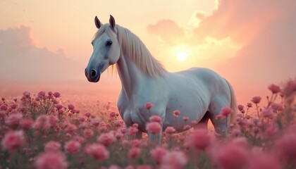 White horse stands among pink flowers. Pastel aesthetic, dreamy background. Sunset with surrealism elements creates magical, peaceful scene. AI-generated illustration features horse in floral field.
