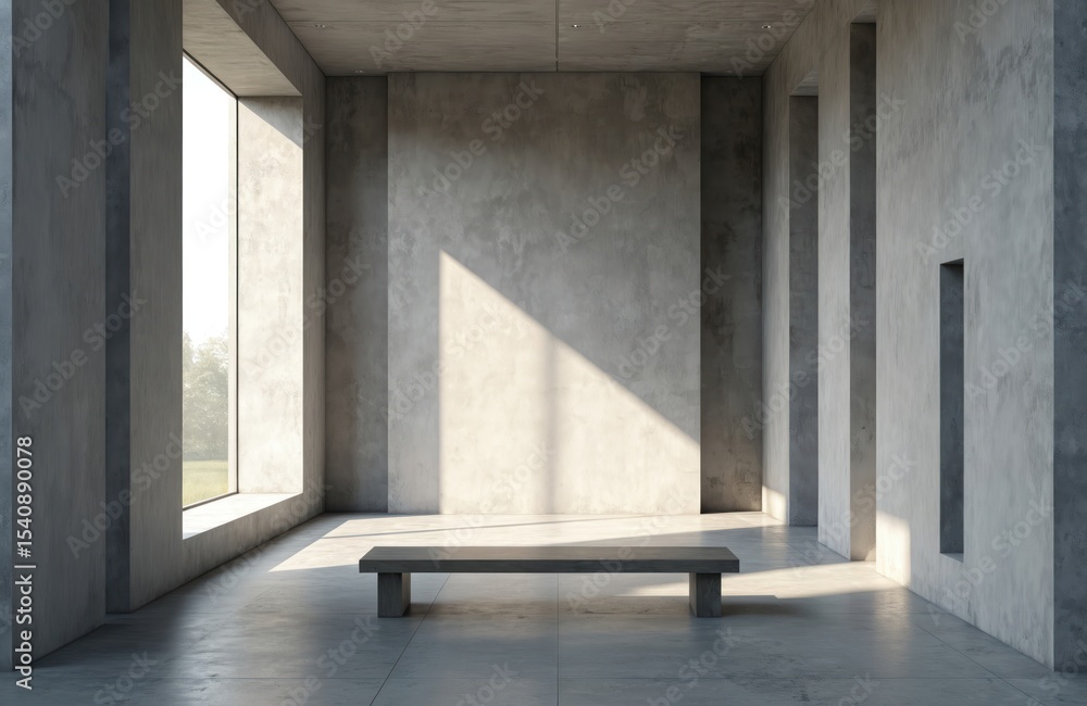 Poster Empty concrete gallery interior with sunlight streaming through large window. Minimalist design with grey walls, floor. Exhibition room with bench for art presentation art, advertising. Modern hall