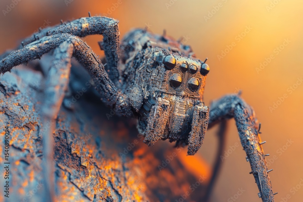 Poster close-up shot of a peculiar spider with a circuit board-like exoskeleton and multiple eyes on textur