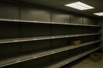 Obraz premium Empty store shelves with price tags and minimal cardboard boxes symbolize scarcity, highlighting potential economic issues or supply chain disruptions in retail spaces.