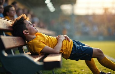 Exhausted youth soccer player boy lies on bench after long, hot match. He recovers, rests, relaxes, dreaming. Teenager in uniform, football, sport, leisure, fun, happy athlete.