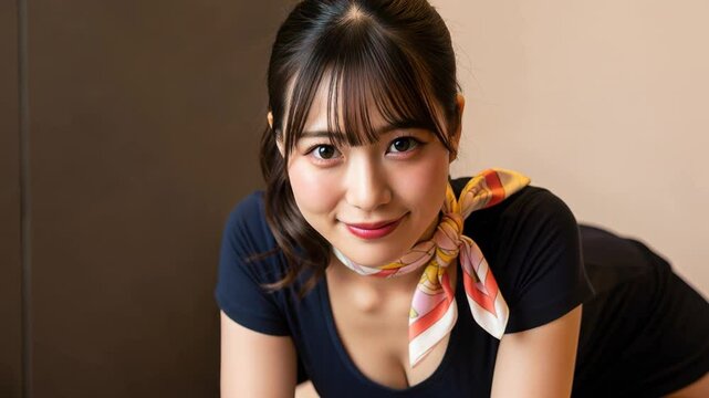 若い日本人女性が微笑みながら前かがみのポーズ