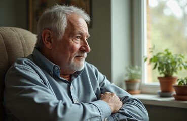 Fototapeta premium Senior man looking through window. Thinking, waiting. Elderly grandfather at home, with grey hair, beard. Retired male sits with folded arms, reflecting. Mental health concepts.