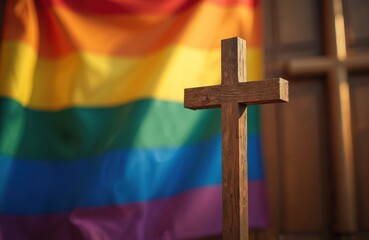 Wooden cross against rainbow LGBTQ gay pride flag background. Symbol of acceptance and faith inclusivity within church setting. Concept of religious tolerance LGBT rights community support.