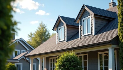 Suburban house exterior with asphalt shingle roof, clean lines. Neatly trimmed trees surround modern architecture home. Blue sky. Real estate concept.