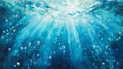 Ethereal Underwater Background with Light Rays and Bubbles – Tranquil Ocean Scene