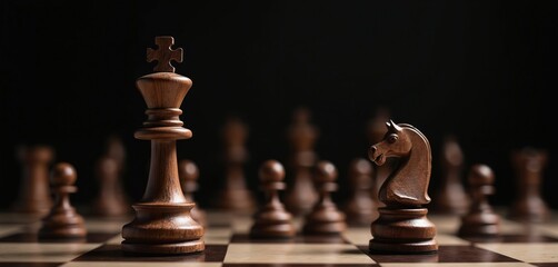 Chess game with King and Knight on chessboard. Chess pieces ready to play. Strategic move, victory, defeat, competition, challenge concept. Black background. Wooden pieces, chessboard, competition.