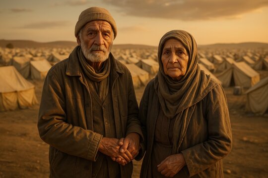 A poignant portrait of an elderly refugee couple standing amidst a refugee camp, conveying a sense of hope and resilience in the face of adversity.