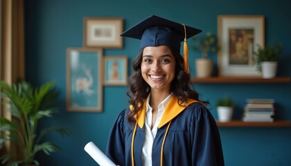 Young indian woman in graduation gown smiles. Happy graduate holds diploma. Student celebrates university degree. Celebration of academic success, achievement of education. Education concept.
