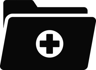 Black and white vector icon of a medical folder symbolizing healthcare files and medical records for clinics and hospitals