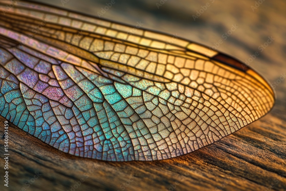 Poster a macro shot captures the iridescent details of a dragonfly wing, showcasing intricate textures and 