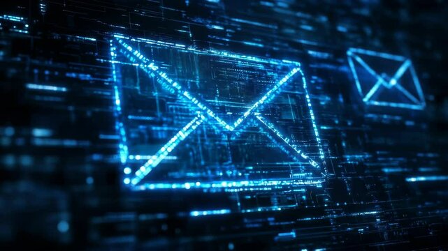 Bright glowing digital envelope symbol, futuristic holographic style on a dark circuit board background, concept of cybersecurity or messaging