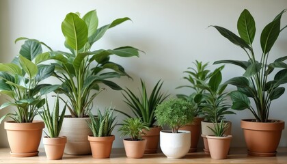 Obraz premium Collection potted house plants. Green plants various shapes sizes. Indoor home decor, gardening concept, nature eco lifestyle. Planted collection of green potted plants, indoor plants, room interior.