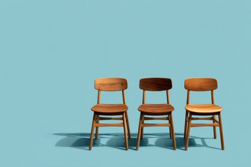 Obraz premium Three wooden chairs is arranged on a pastel blue floor and wall