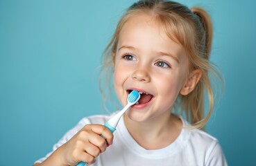 Cute little girl brushing teeth with toothbrush. Child smiles during daily dental hygiene routine. Kid with blond hair on a blue background. Healthy teeth concept. Pediatric dentistry care.
