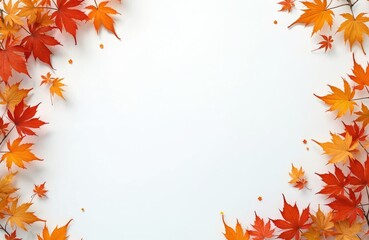 Autumn leaves border on white. Red, orange, yellow maple foliage with twigs. Minimalist fall nature design. Decorative elements, seasonal background for art, design, advertising.