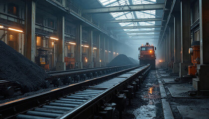 Coal transportation system in industrial facility. Conveyor belt transports coal. Heavy industry environment, perspective view. Infrastructure, process, machinery, logistics for energy production.