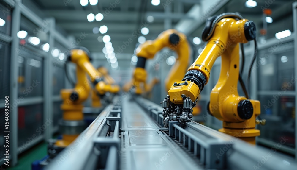 Poster automated robotic arms assembly line in modern manufacturing facility. industrial machinery working 