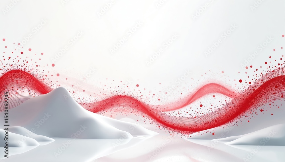 Poster Abstract illustration showcases white mountains with red dots and lines. Dynamic wave pattern, flowing lines create elegant, futuristic feel. Modern design for various tech and science visuals.