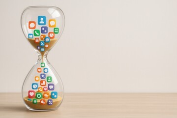 Hourglass filled with app icons instead of sand, symbolizing the passage of time and digital aging. Conceptual image illustrating screen time, app usage, and tech impact on daily life