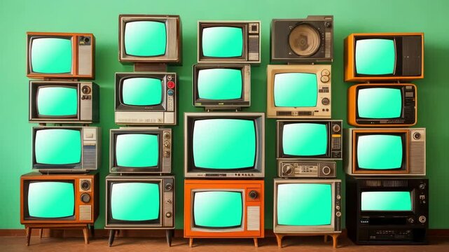 retro, vintage, televisions, old, screens, stacked, nostalgic, electronics, antique, display, technology, classic, collection, analog, crt, design, colorful, interior, decor, green, wall, home, entert