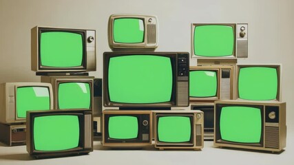A group of vintage CRT televisions with green blank screens stacked together indoors on a neutral background, representing retro technology concept - Powered by Adobe