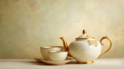 Vintage porcelain teapot and teacups with gold trim on a soft beige background, evoking a classic and elegant tea setting
