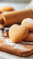 Heart-shaped Cookie Dough and Baked Cookies Create a Cozy Baking Atmosphere on a Wooden Table With Flour and Tools