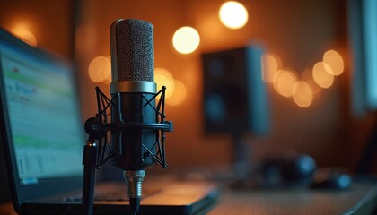 Pro microphone on table near laptop, audio mixing console, creative blurred background. Modern studio design for voice training, music recording, podcasting. Voice over, radio production, recording