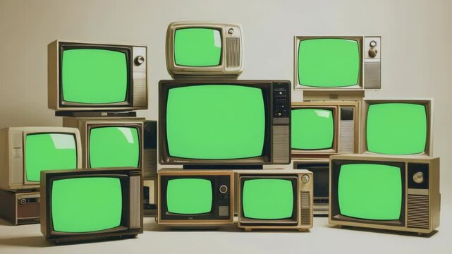 A group of vintage CRT televisions with green blank screens stacked together indoors on a neutral background, representing retro technology concept