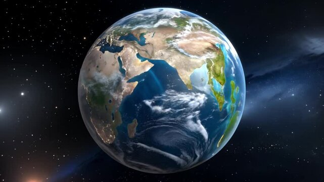 Realistic earth view spinning slowly in space showing continents, clouds