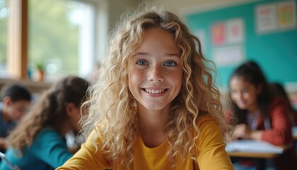 Smiling high school student with curly hair and freckles, looking at camera in classroom. Diverse classmates work on project. Teenage girl poses at education background.