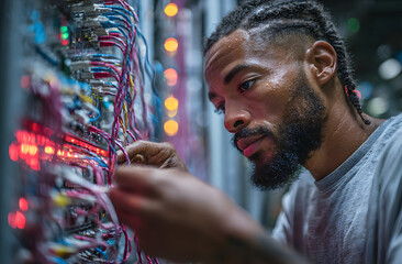 Computer technician connects network cables in server room. Man works with server equipment, fixes computer problems. Data center, internet, support, network engineer job, data protection, cyberspace.