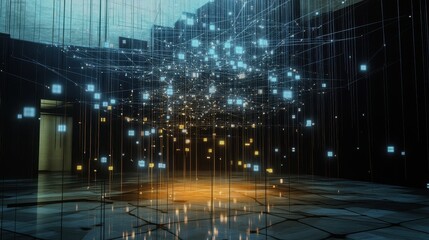 A glowing knowledge graph suspended in a digital void, with nodes pulsing to show data connections