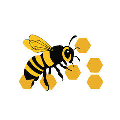 Cute cartoon bee flying with honey on a white background, a sweet yellow insect illustration