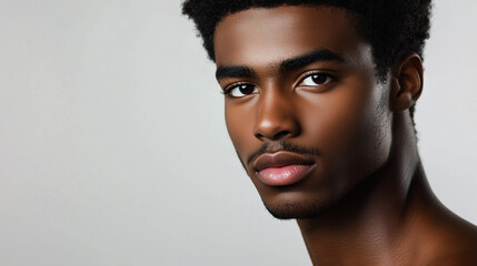 Portrait of a young male afro american model, age 25, attractive man, publicity poster for skin care. Copy space available. gray background.
