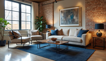 Contemporary industrial living room design. Beige walls, navy blue rug, light gray metal furniture create stylish, modern interior. Brick walls, big windows, comfortable sofa, armchairs provide