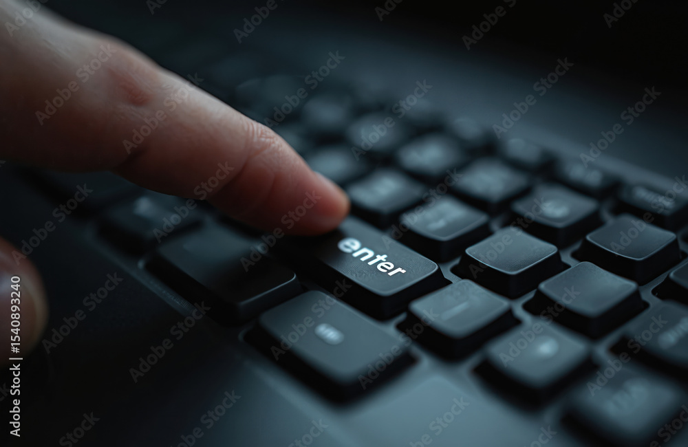 Aufkleber Finger presses enter key on a black keyboard. Focus on the enter key button. Hand activates data input, submits online command. Tech, digital age, typing.
