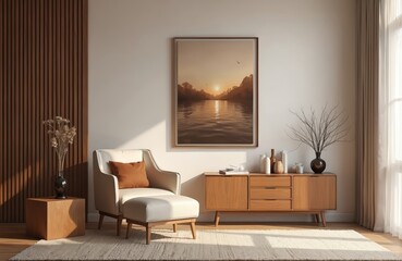 Cozy living room interior design. Modern home with painting, armchair, wooden commode, accessories. Creative wall with carpet. Neutral colors, light, brown tones. Perfect for real estate, home decor,