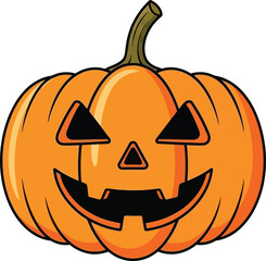 Cartoon jack o lantern illustration of a happy carved pumpkin for halloween holiday decoration in bright orange and black colors with thick outlines