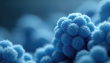 Detailed close-up image of lipid nanoparticles. Blue nano structures. Scientific research in biomedicine, pharmaceutical industry, health care, science and tech. Cellular level molecular studies.