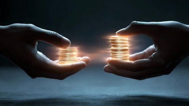 Two hands holding glowing golden coin stacks with energy connection on dark background. 4K video