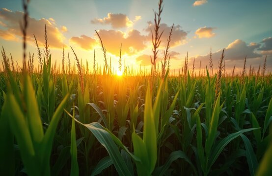 Cornfield with green crops at sunset. Natural landscape of agriculture field with sunlight, evening sunbeams. Farming, harvest, farming, food, scenic view, beautiful, vibrant, rich, light, freshness.