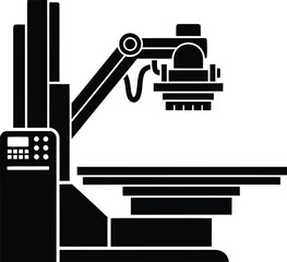 Simplified black and white illustration of a medical x-ray machine depicting diagnostic imaging procedures