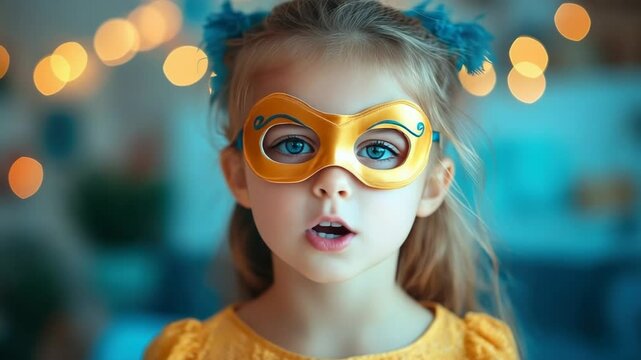 Portrait of a joyful young Caucasian girl wearing a leopard print cat mask and brown sweater, celebrating Quadrober holiday. Concept of childhood play, fantasy and festive disguise