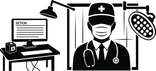 Black and white medical illustration featuring a doctor in surgical attire with examination equipment and a computer displaying a medical file