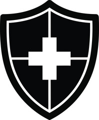 Black and white medical shield symbol with cross representing healthcare and safety design element