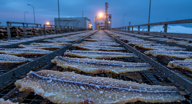 Icelandic Hardfiskur. wind-dried cod fillets on industrial racks, salt crust cracking, blowing through factory drying tunnels 