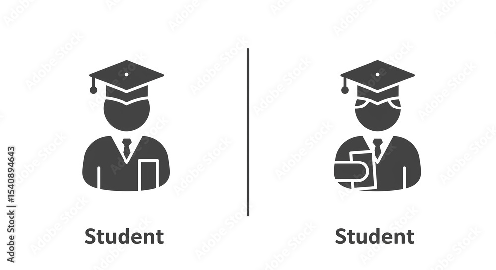 Poster two student icons with graduation caps side by side separated by a line on a white background