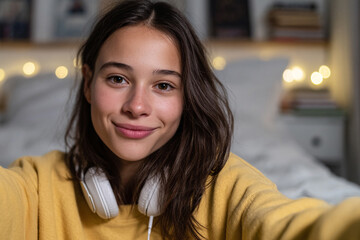 Young teenage girl with headphones, smiling while taking a selfie, creating video content to social media in cozy room at home